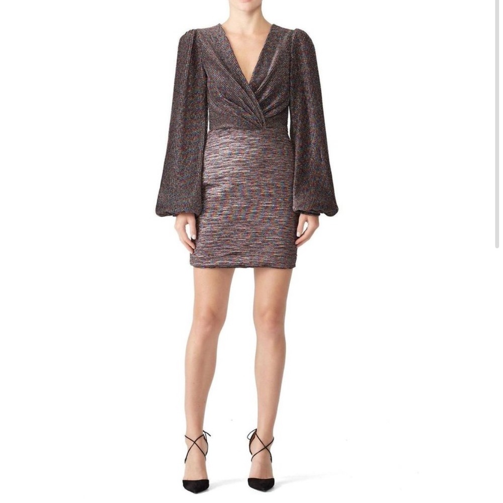 Ronny Kobo Joney Mini Dress Metallic Sparkly Long Balloon Sleeve XS Rainbow